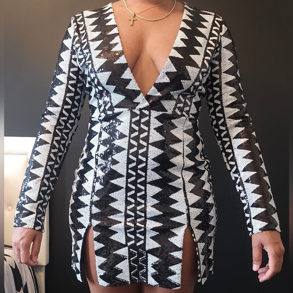 Long Sleeve, Deep V Neck, Double Front Slip Sequin Mini Dress